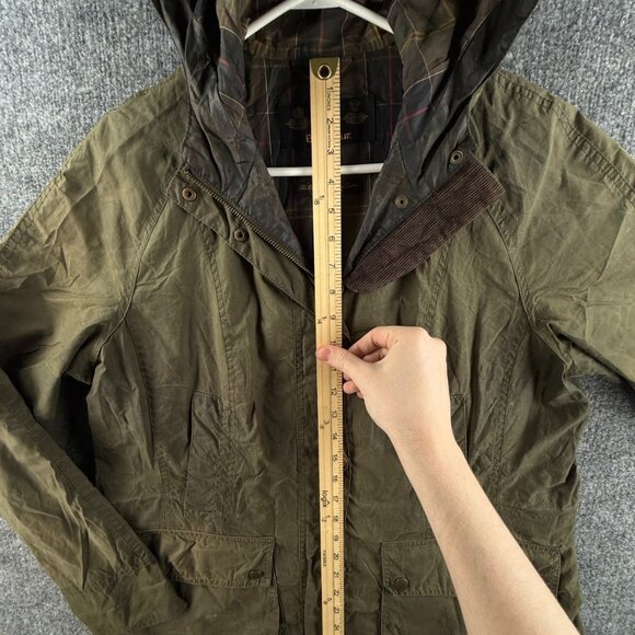 Barbour Flyweight Beadnell Parka Waxed Jacket Women Hooded Green Size 12 US - Picture 5 of 16